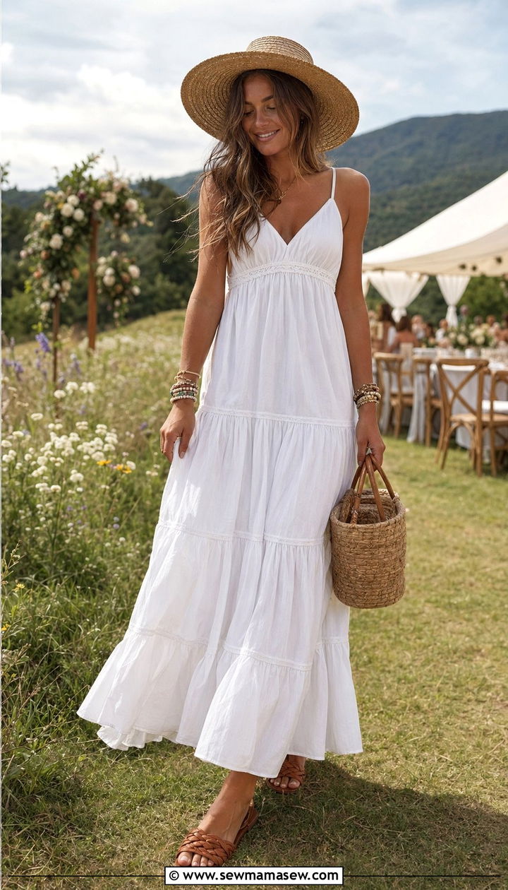 Tiered Maxi Dress With Flat Sandals - 35 Outdoor wedding guest outfits