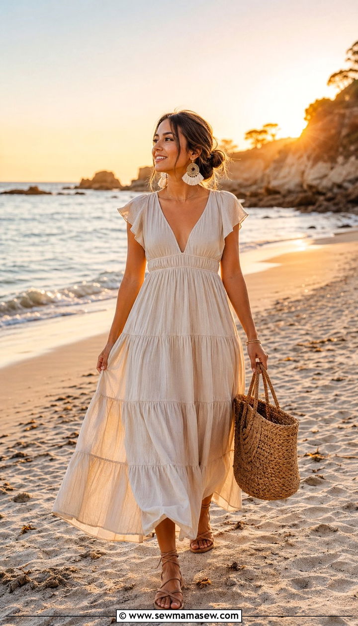 Tiered Maxi Dress With Flat Sandals and Statement Earrings - 35 Petite outfit ideas for wedding guest