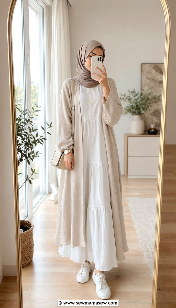 Tiered Maxi Dress With Long Cardigan And Sneakers - 35 Ramadan outfit ideas for women