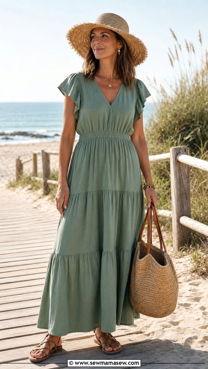 Tiered Maxi Dress With Strappy Sandals for Women Over 40 - 30 Best dresses for women over 40