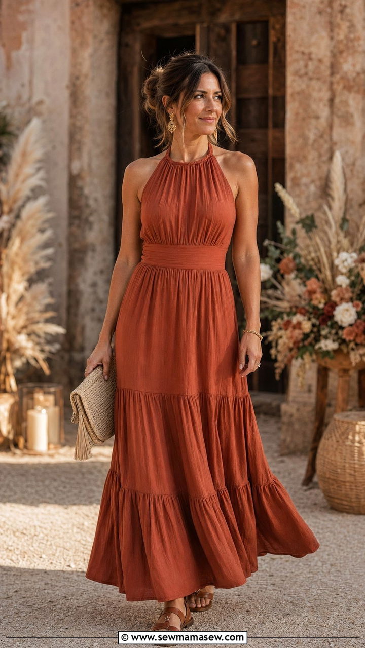 Tiered Maxi Dress With Woven Clutch - 30 wedding guest outfits for women over 30