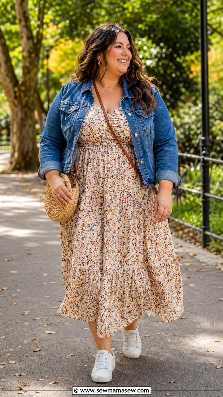 Tiered Maxi Dress and Denim Jacket - 35 Plus size outfit ideas size 22