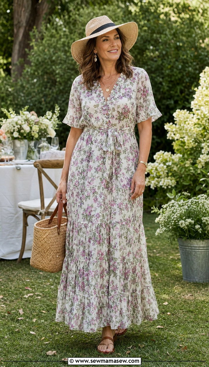 Tiered Maxi Dress and Flat Sandals - 30 What to wear to brunch over 40