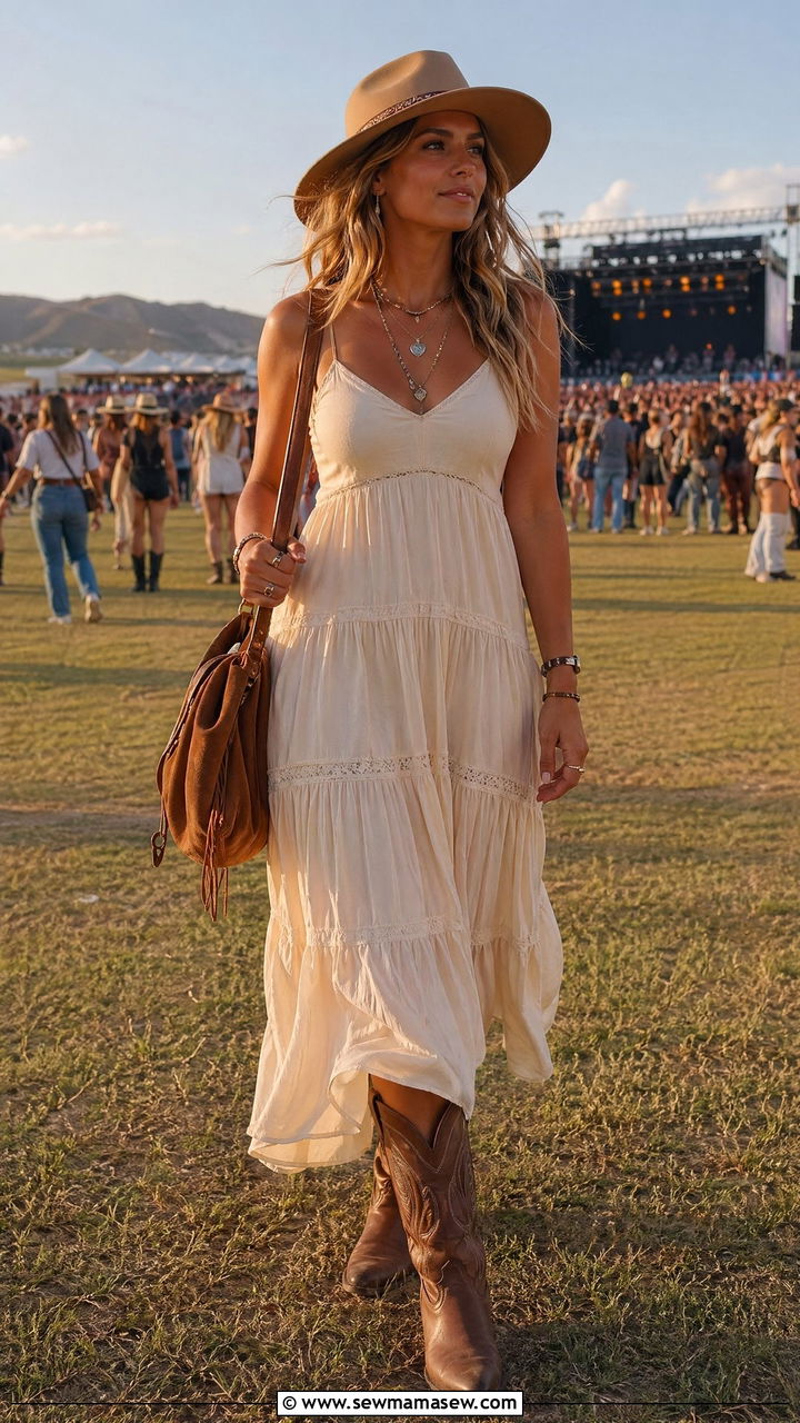 Tiered Maxi Dress with Cowboy Boots - 35 Summer outfits with maxi dresses