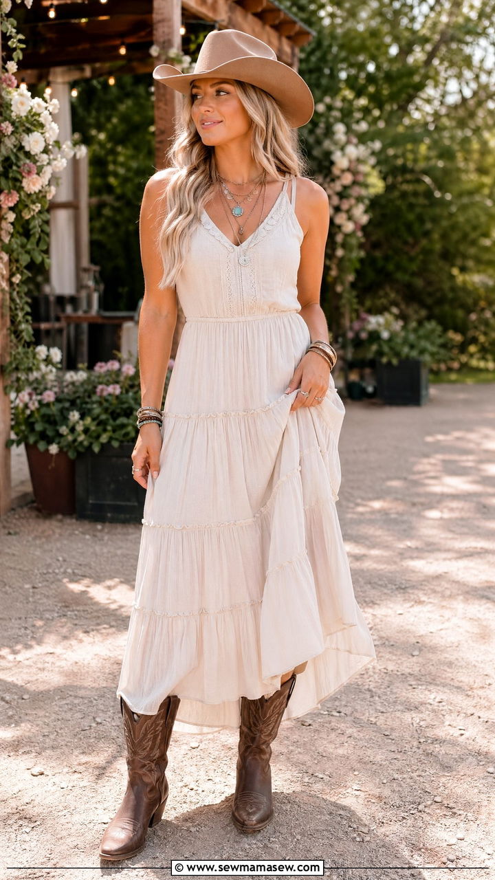 Tiered Maxi Dress with Cowboy Boots and Hat - 35 country concert outfit ideas for women