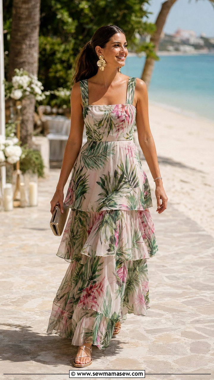 Tiered Maxi Dress with Statement Earrings for Rectangle Wedding - 30 wedding guest outfits for rectangle body shape