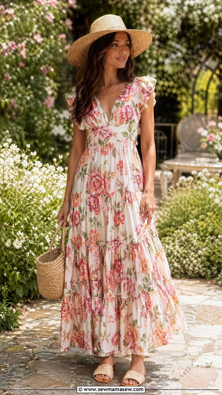Tiered Maxi Dress with Wide Brim Hat - 35 Spring garden party outfit ideas