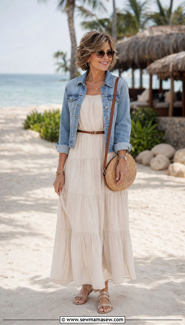 Tiered Maxi Dress with a Denim Jacket - 35 Petite outfit ideas for women over 50