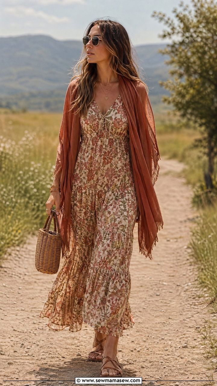 Tiered Maxi Dress with a Lightweight Scarf Wrap - 35 Summer transition outfits for women