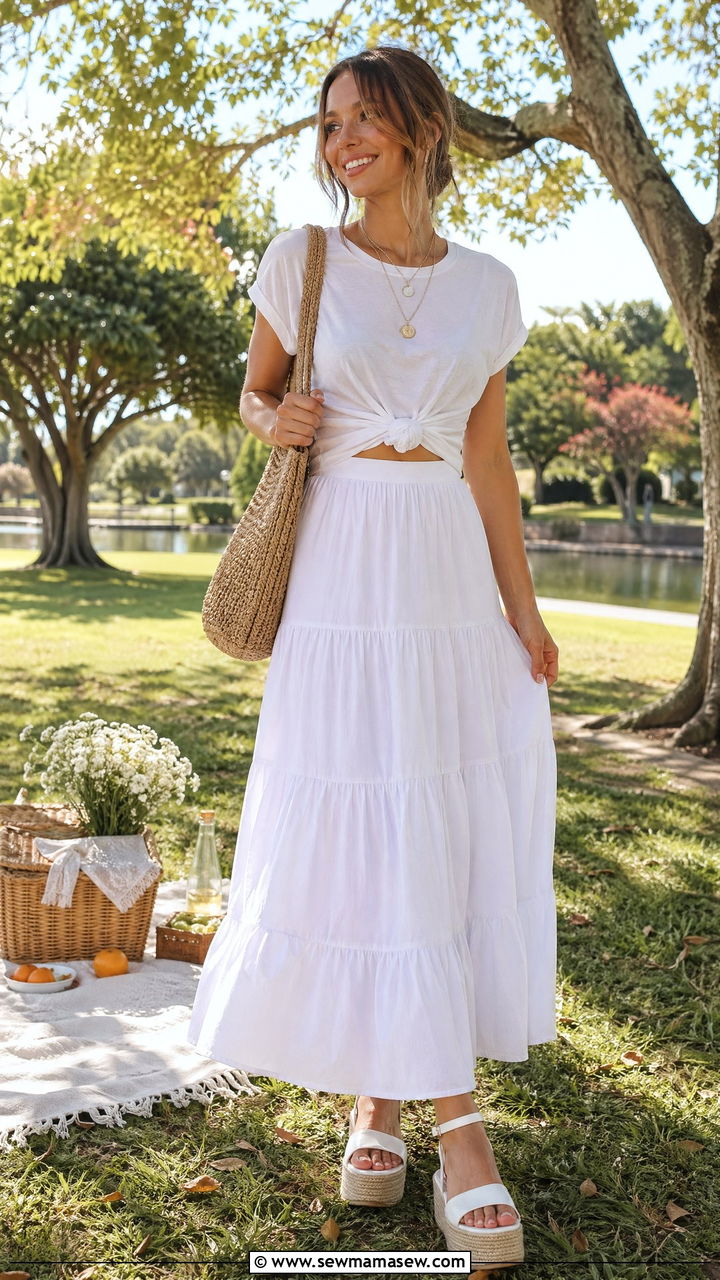 Tiered Maxi Skirt With Knotted Tee - 35 Spring outfits in white