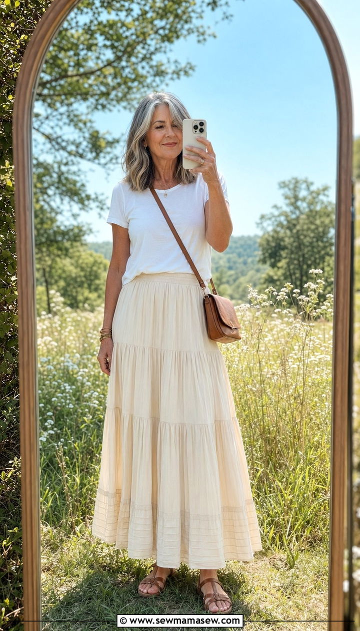 Tiered Maxi Skirt With Simple Tee - 30 Best skirts for women over 50