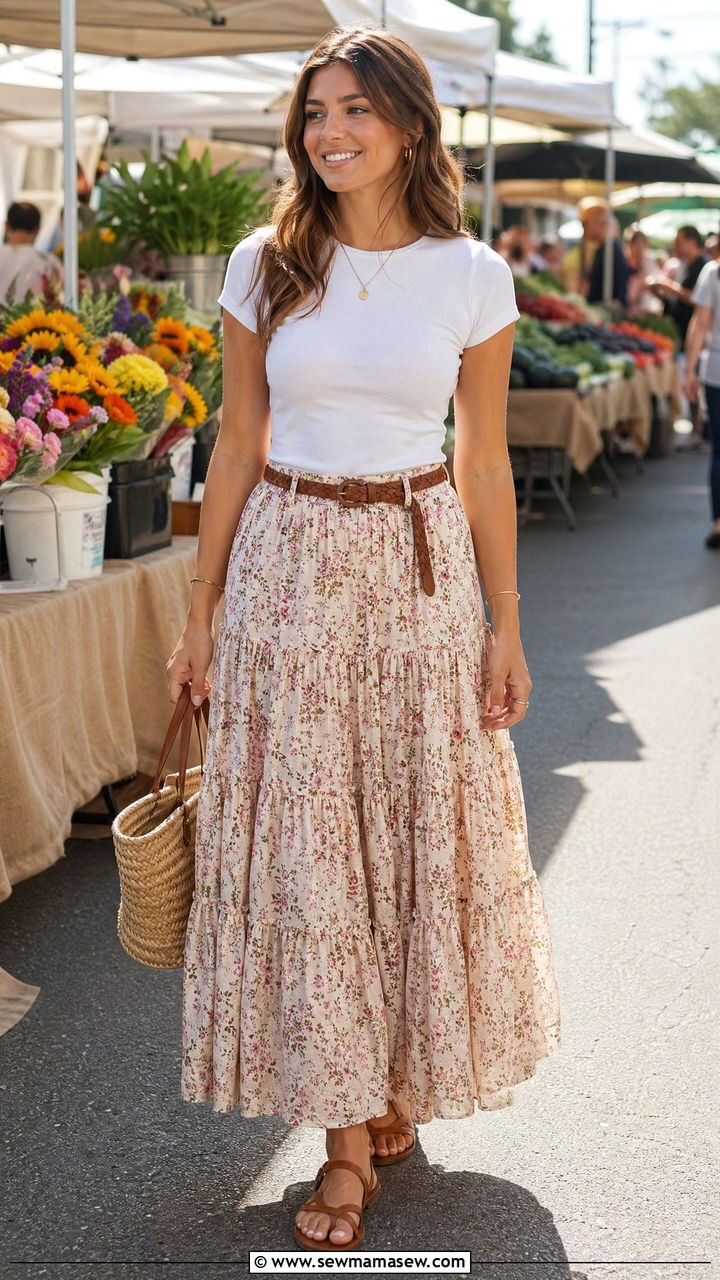 Tiered Maxi Skirt and Fitted Tee - 35 summer boho chic outfits