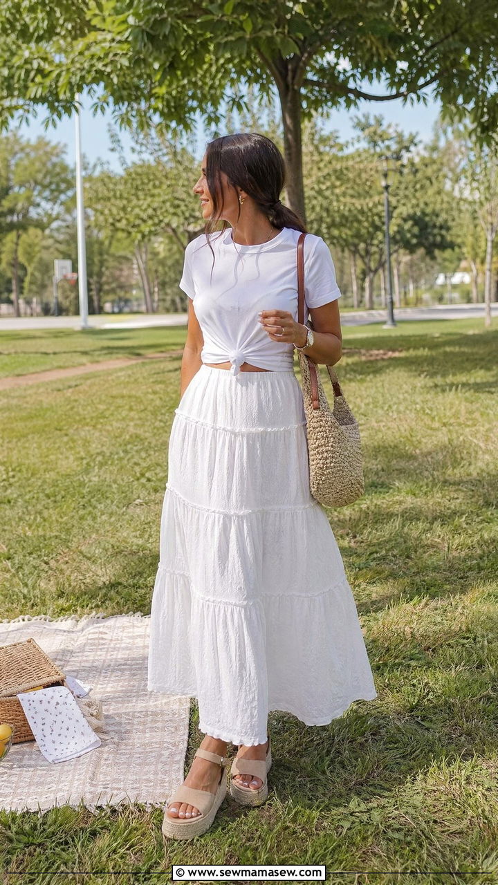 Tiered Maxi Skirt and Knotted Cotton Tee - 35 spring all white outfit ideas