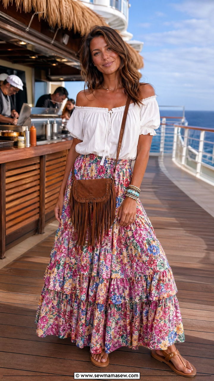 Tiered Maxi Skirt and Off the Shoulder Top - 35 classy cruise outfit ideas