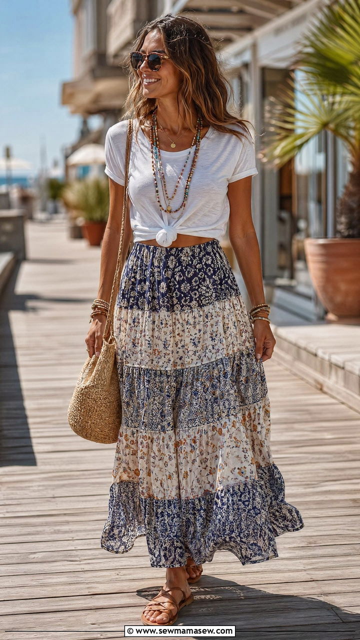 Tiered Maxi Skirt with a Knotted White Tee - 35 summer outfit ideas casual