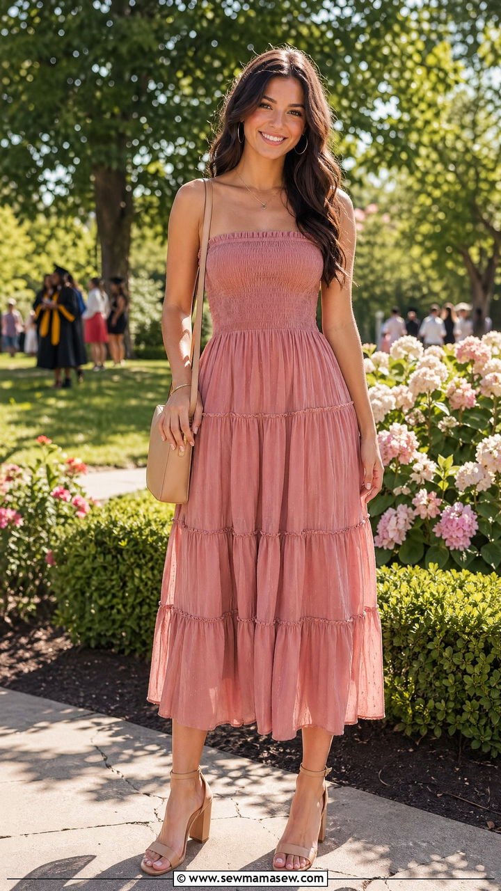Tiered Midi Dress With Block Heels - 35 summer graduation outfit ideas