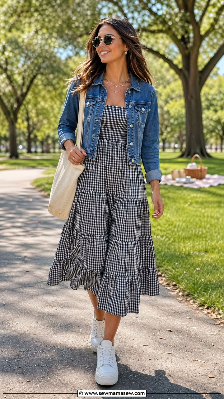 Tiered Midi Dress With Denim Jacket And White Sneakers - 35 Summer outfits with midi dresses