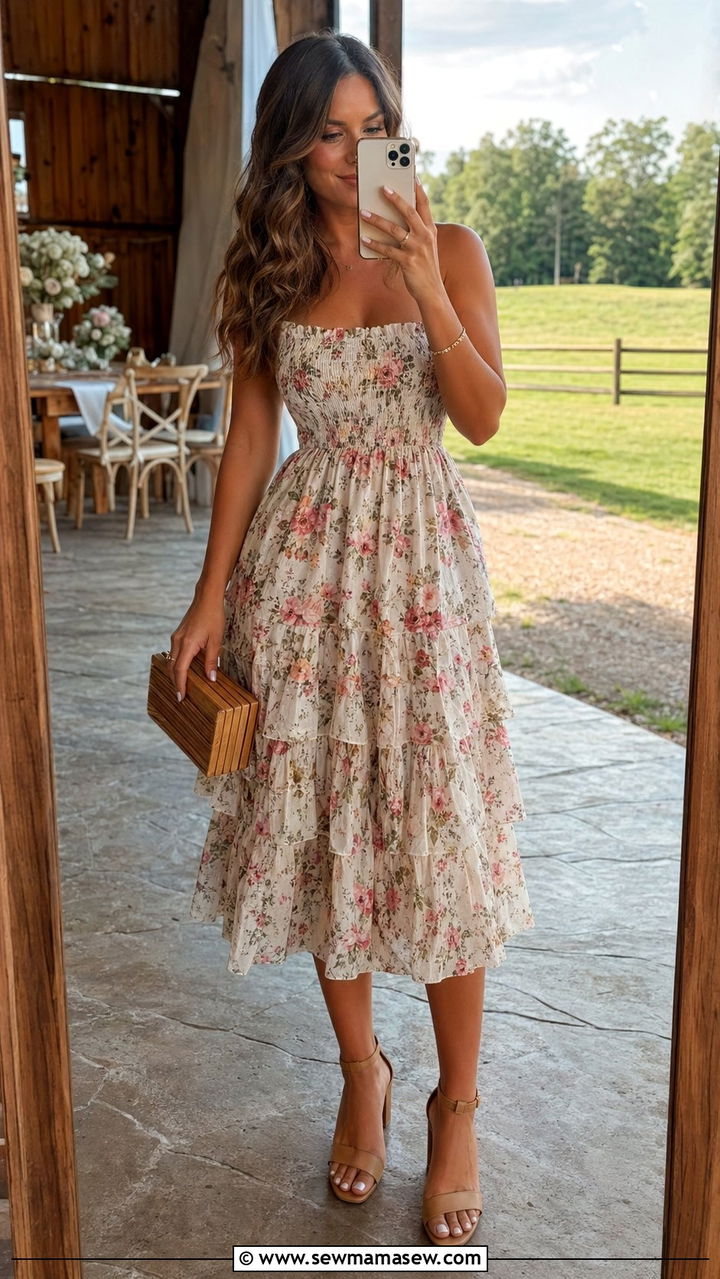 Tiered Midi Dress with Block Heels - 30 wedding guest outfits for hourglass body