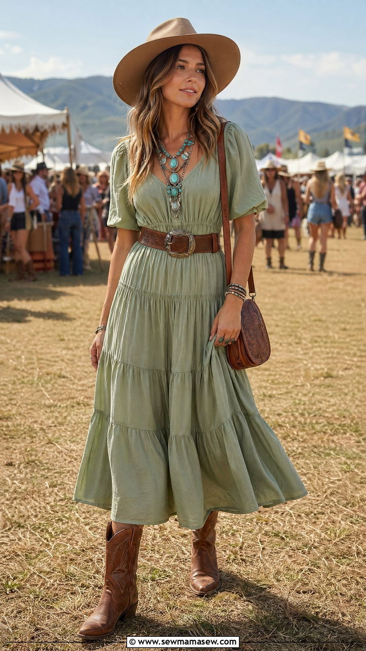 Tiered Midi Dress with Cowboy Boots Festival Outfit - 35 what to wear to a music festival