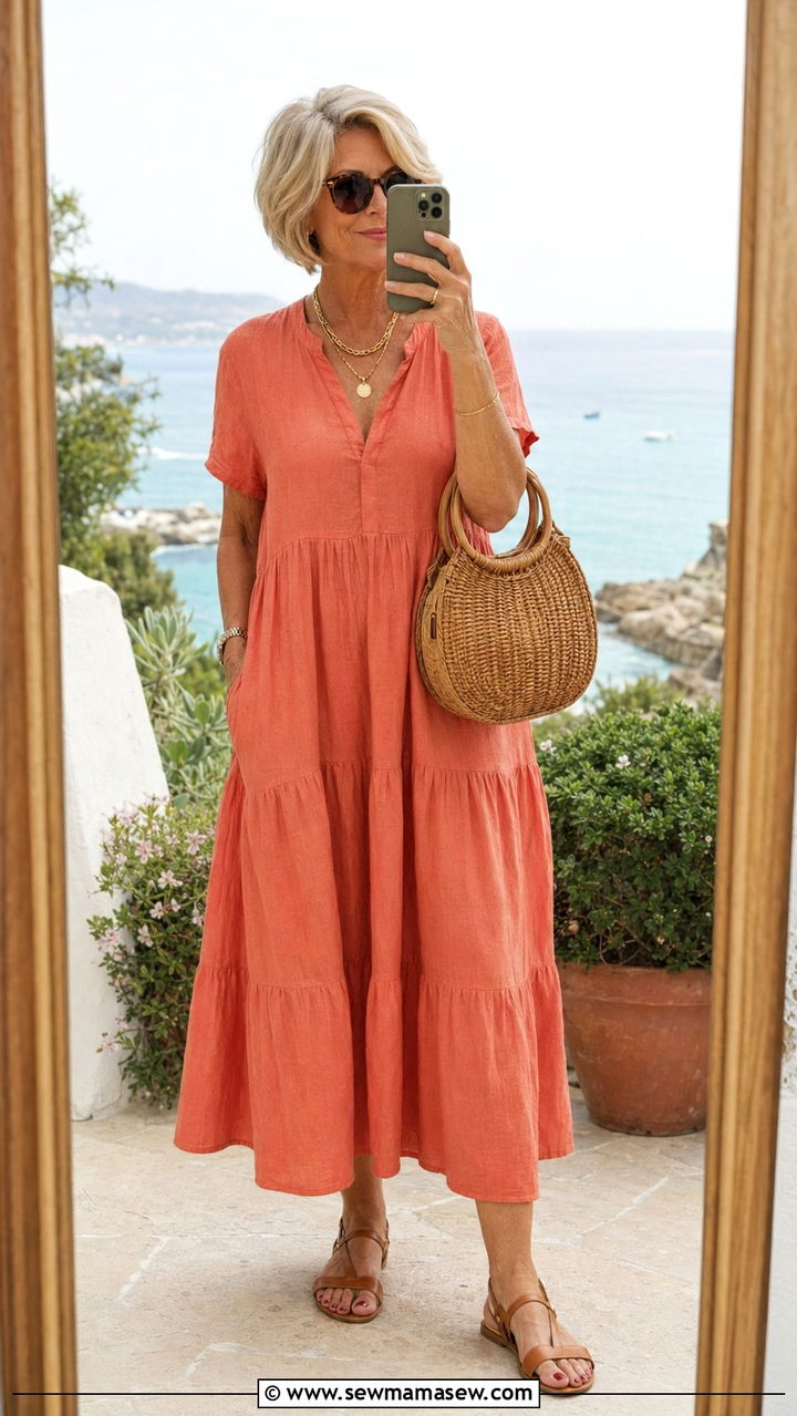 Tiered Midi Dress with Flat Sandals - 30 Best dresses for women over 60