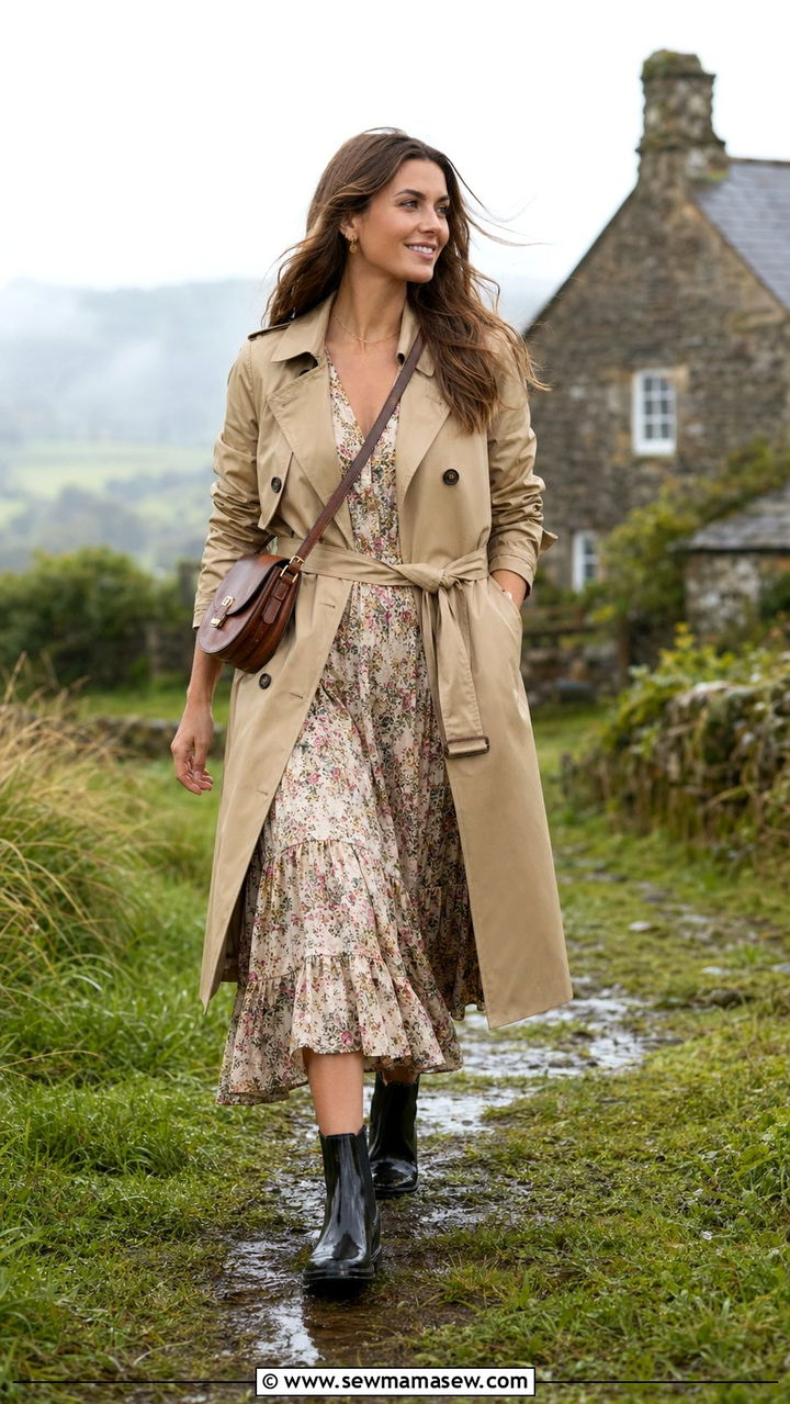 Tiered Midi Dress with Rain Boots - 30 Wedding guest outfits for rainy weather