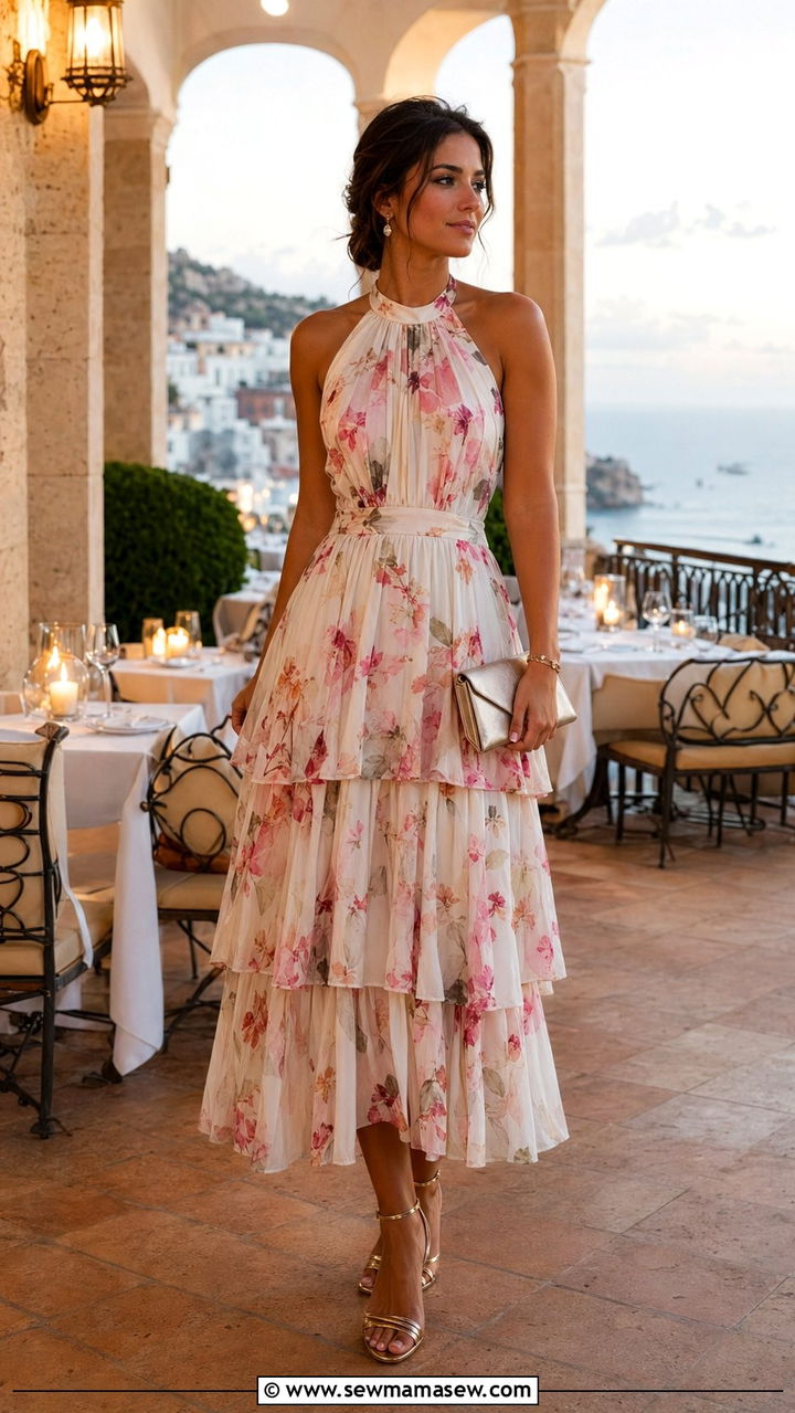 Tiered Midi Dress with Strappy Heels - 35 resort vacation outfit ideas for women