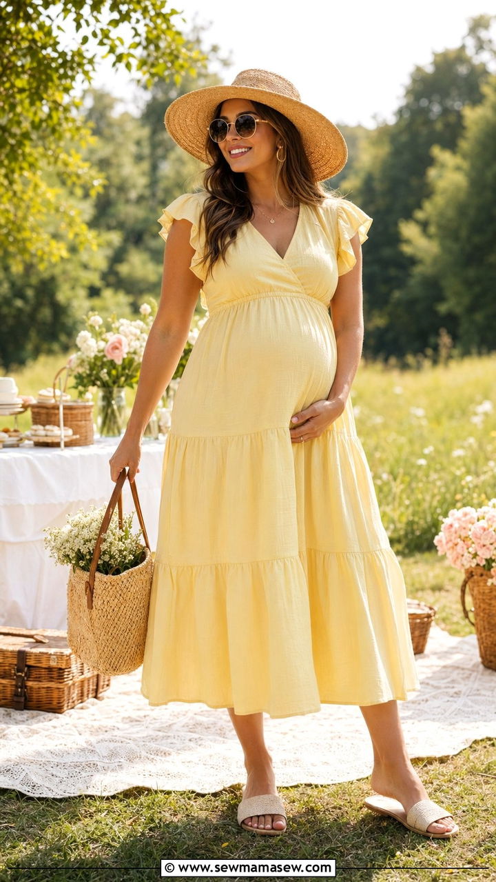 Tiered Midi Dress with Straw Hat and Sandals - 30 what to wear to a baby shower