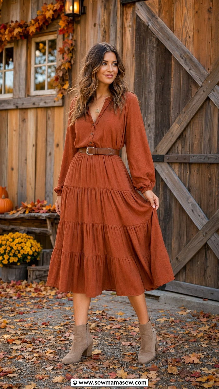 Tiered Midi Dress with Suede Boots - 30 Barn wedding guest outfits