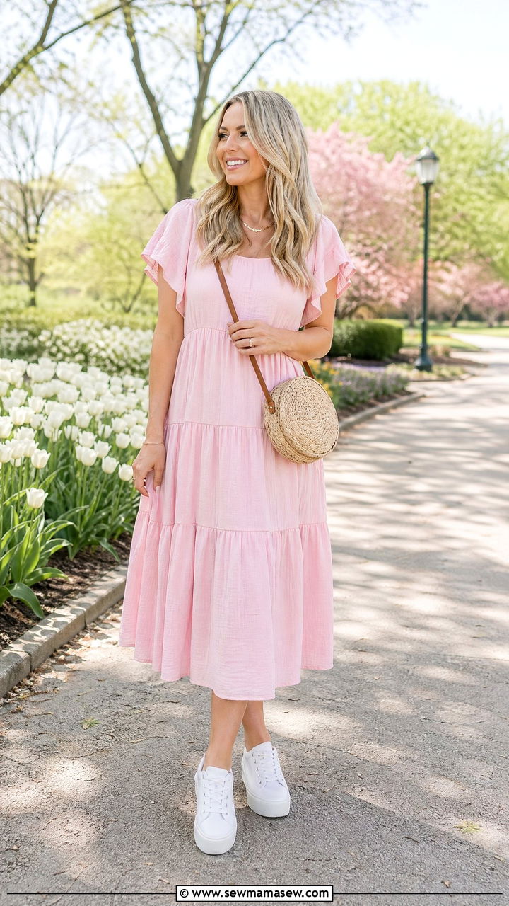 Tiered Midi Dress with White Sneakers - 35 Spring outfit ideas for mom