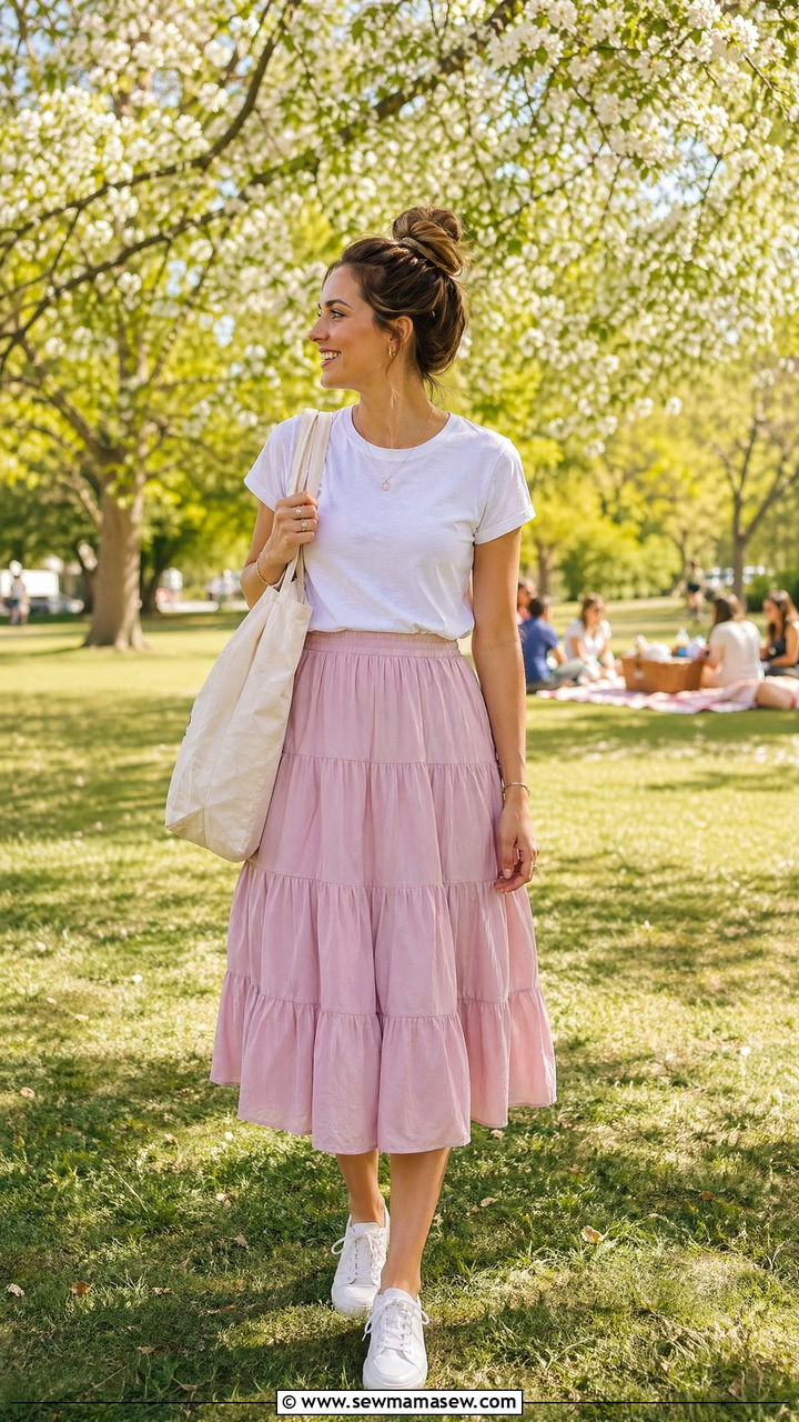 Tiered Midi Skirt Outfit With Sneakers - 35 Trendy spring outfits