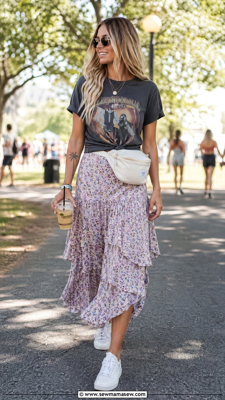 Tiered Midi Skirt With Graphic Tee - 35 spring boho chic outfit ideas