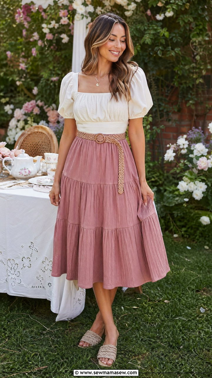 Tiered Midi Skirt With Puff Sleeve Top - 35 summer cottagecore outfit ideas