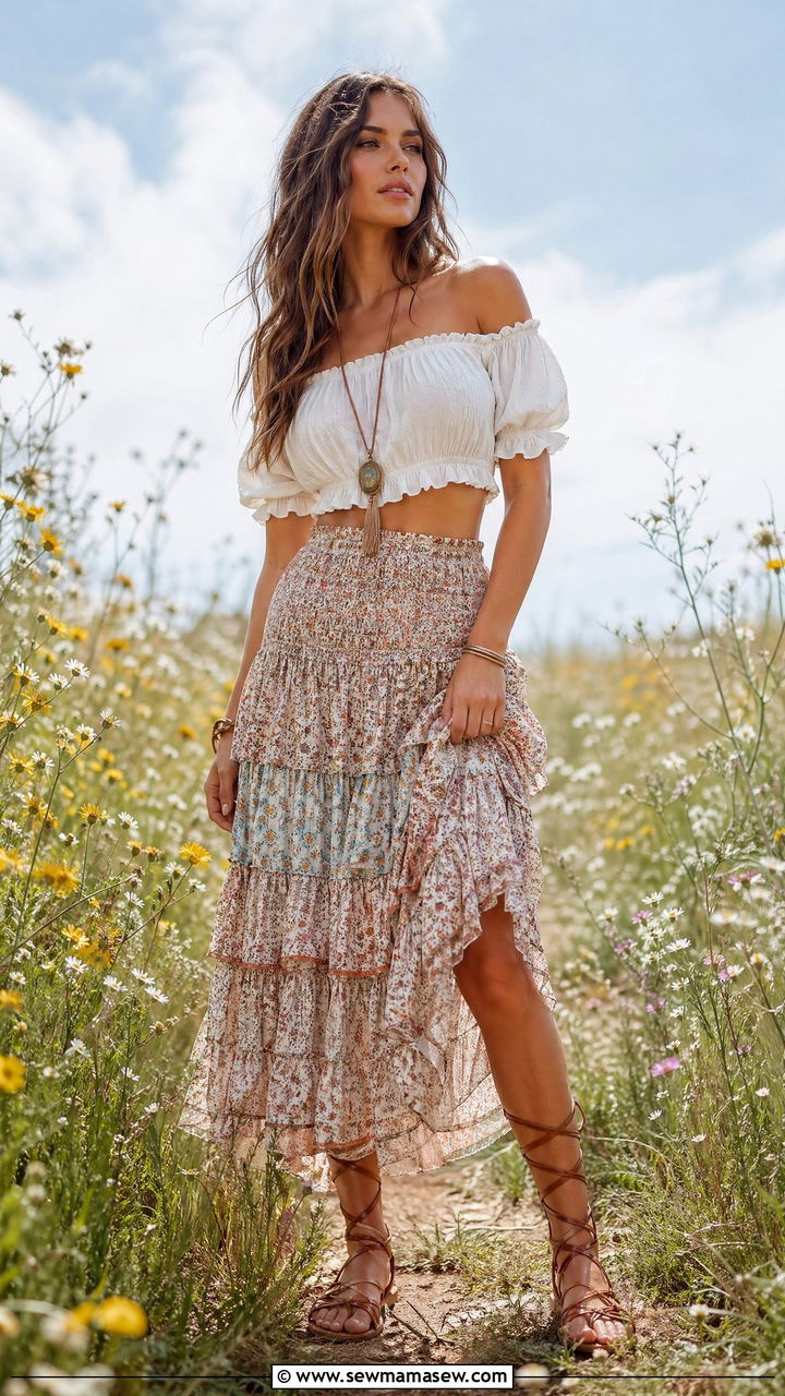 Tiered Midi Skirt and Off Shoulder Top - 35 summer boho outfit ideas