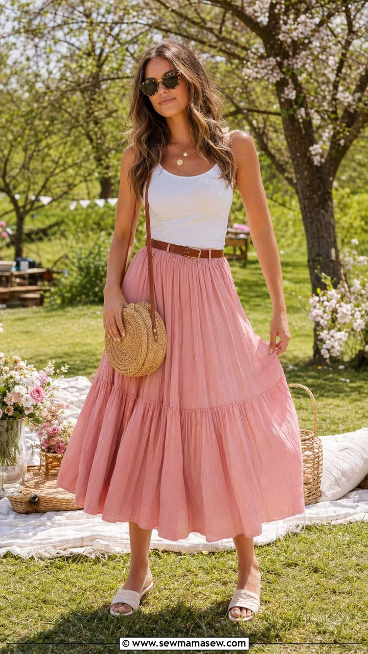 Tiered Midi Skirt with Basic Tank and Sandals - 30 What to wear to a spring festival