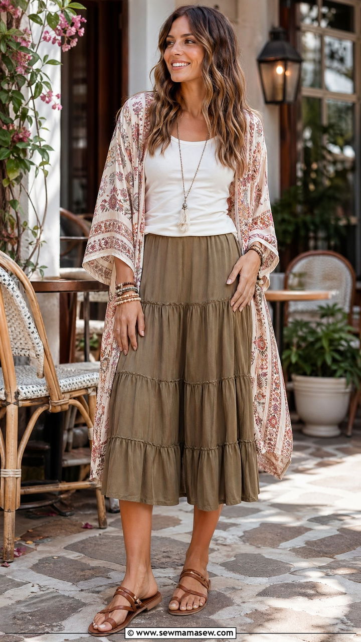 Tiered Midi Skirt with Tank and Kimono - 35 spring boho chic outfits