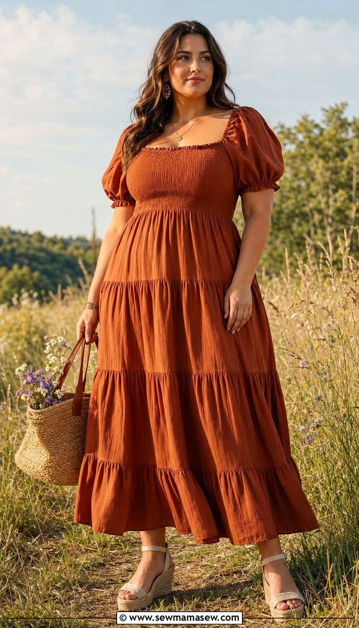 Tiered Prairie Dress With Wedge Sandals - 35 Plus size outfit ideas size 24 summer