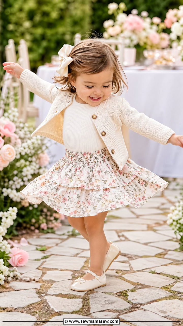 Tiered Skirt with Bodysuit and Cardigan - 35 Spring outfits for toddlers