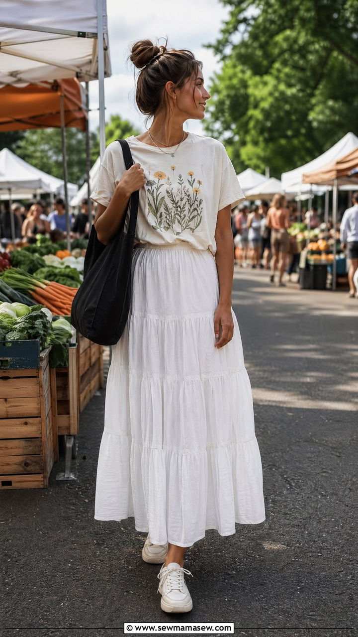 Tiered cotton maxi skirt with a tucked in graphic tee spring farmers market outfit - 35 spring farmers market outfit ideas