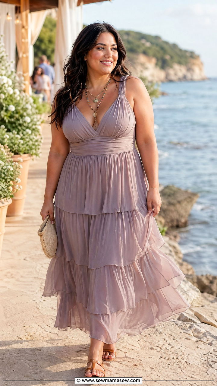 Tiered maxi dress boho wedding look - 35 Curvy girl wedding guest outfits
