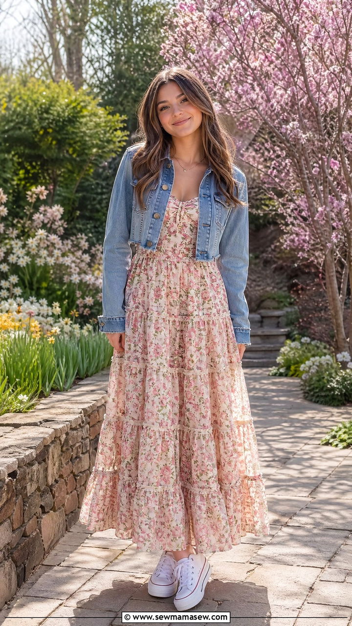 Tiered maxi dress with a denim jacket - 35 Spring outfits for teens