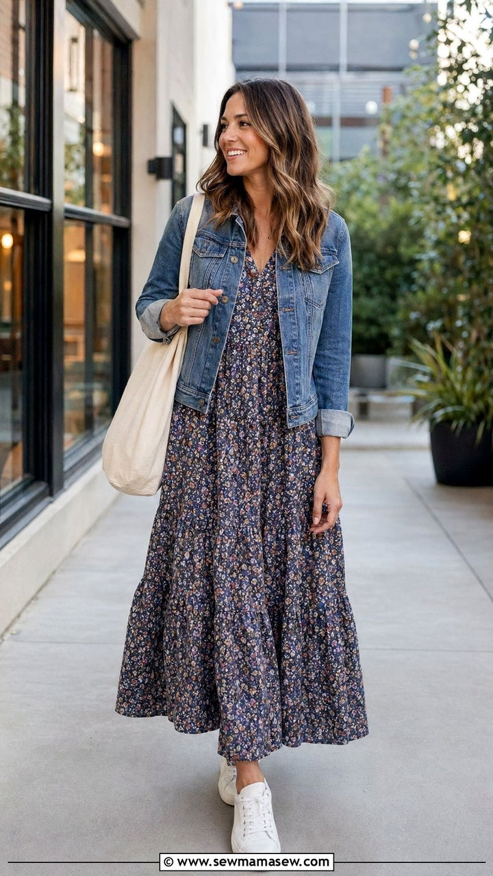 Tiered maxi dress with denim jacket and white sneakers - 35 Modest outfit ideas for office