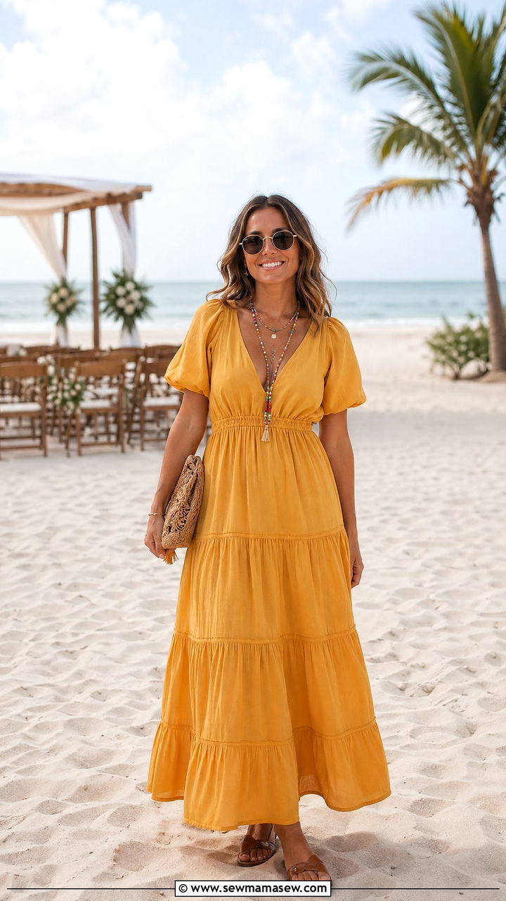 Tiered maxi dress with flat sandals - 35 Casual wedding guest outfit ideas