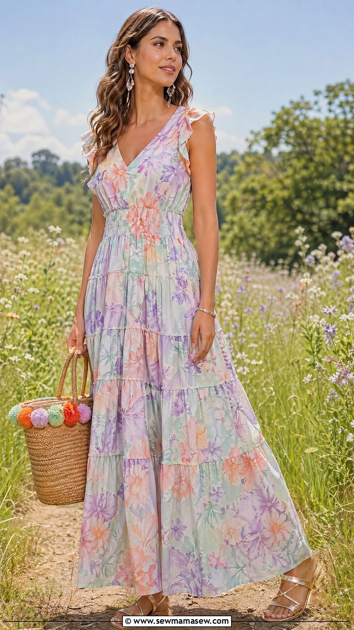 Tiered maxi dress with flat strappy sandals - 35 Summer outfits for women in their 30s