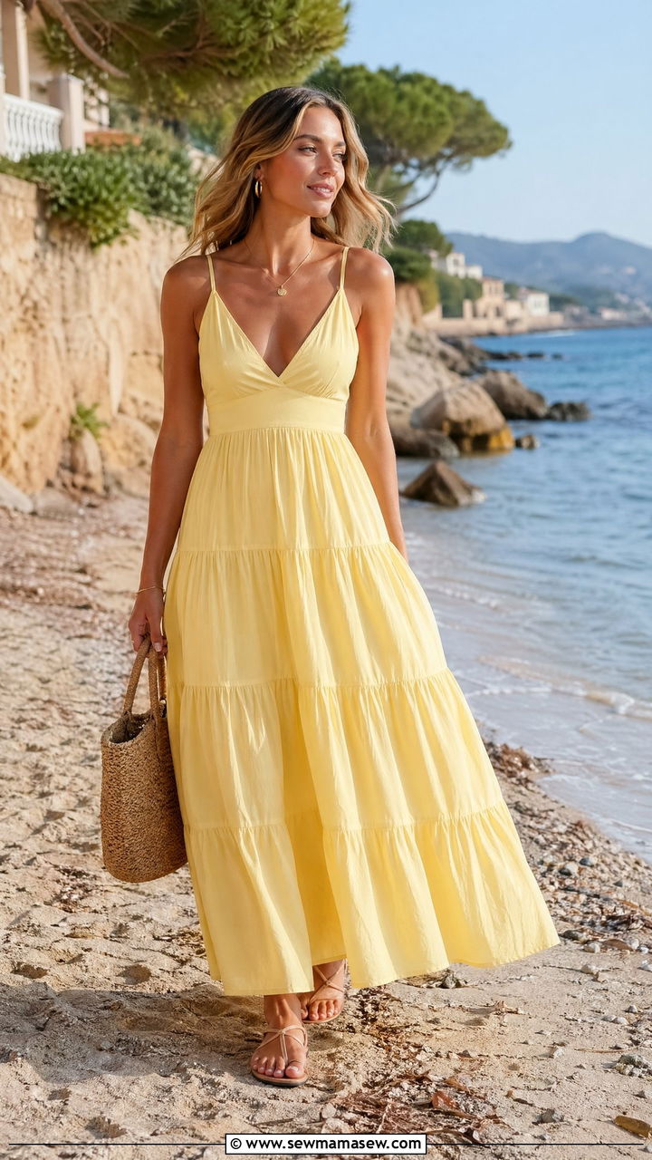 Tiered maxi dress with minimal sandals - 35 summer classy outfit ideas