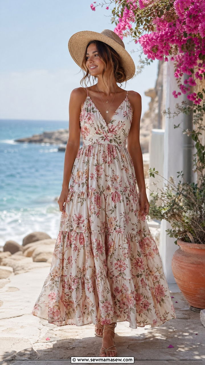 Tiered maxi dress with strappy sandals - 35 summer outfits for moms