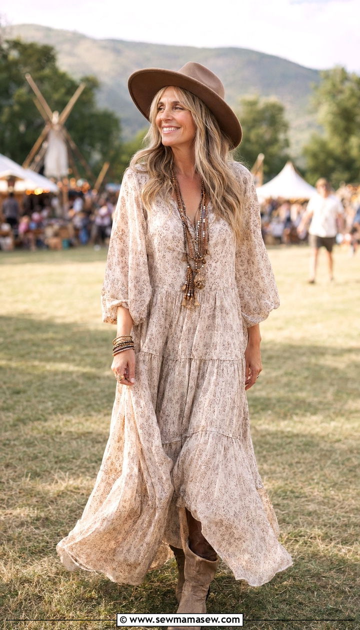 Tiered maxi dress with wide brim felt hat and simple boots - 30 Western outfit ideas for women over 40