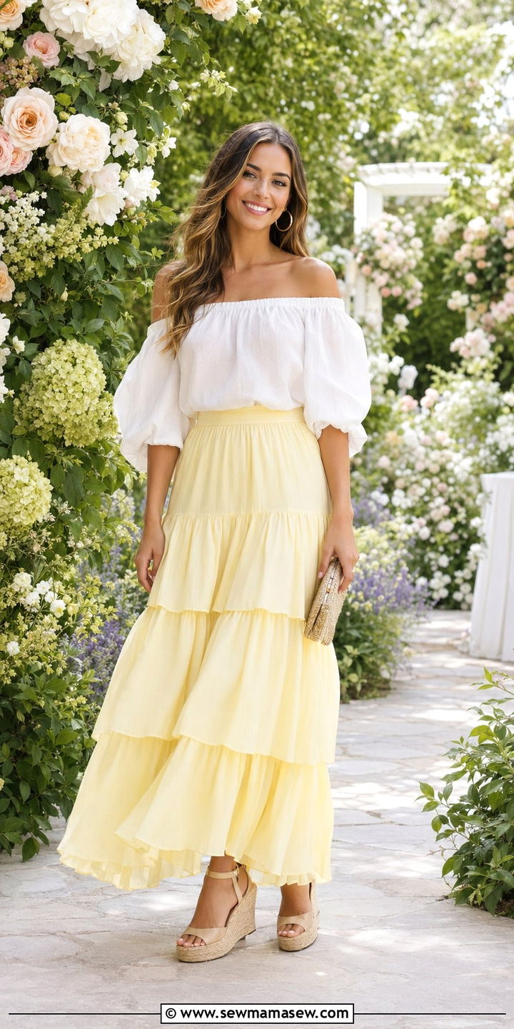Tiered maxi skirt with off shoulder blouse - 30 Wedding guest outfits with skirts