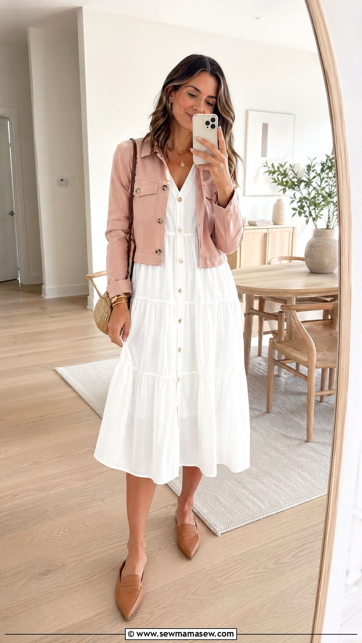 Tiered midi dress with cropped jacket - 35 spring outfits for new moms