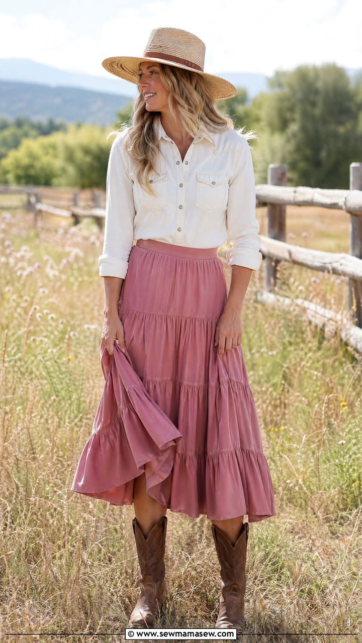 Tiered prairie skirt with snap button shirt - 35 Western spring outfits