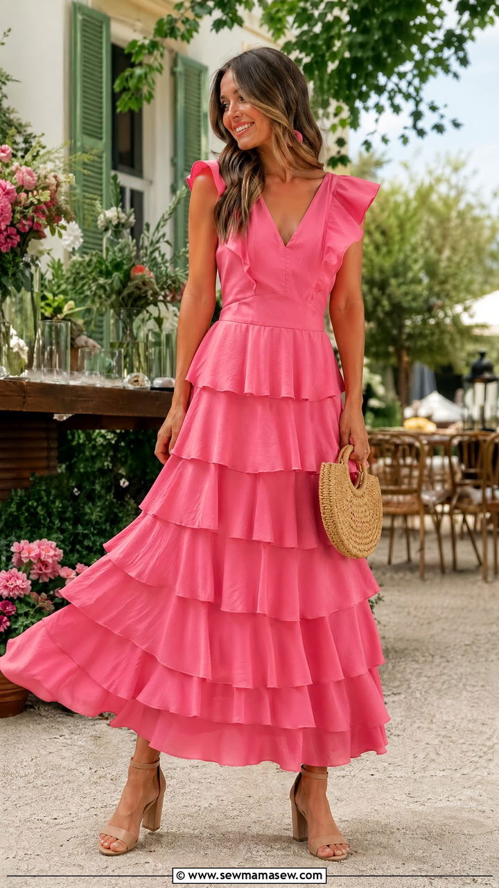 Tiered ruffle maxi dress with ankle strap heels - 35 summer wedding guest outfit ideas